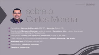 A P R E S E N TA Ç Ã O
Formação em Sistemas de Informação (UNIFOR) e Marketing (Estácio-FIC);
Experiência de 12 anos em liderança e gestão de pessoas e 6 anos como líder e treinador de empresas
de Vendas Diretas e Marketing de Relacionamento;
Formação em coaching com certificação internacional (FEBRACIS, AIC e IBC);
Coach com mais de 2.500 horas de sessões individuais e treinador de mais de 1.500 alunos;
Analista de perfil SOAR global institute e DISC;
Especialista em inteligência emocional;
Palestrante motivacional;
sobre o
Carlos Moreira
 