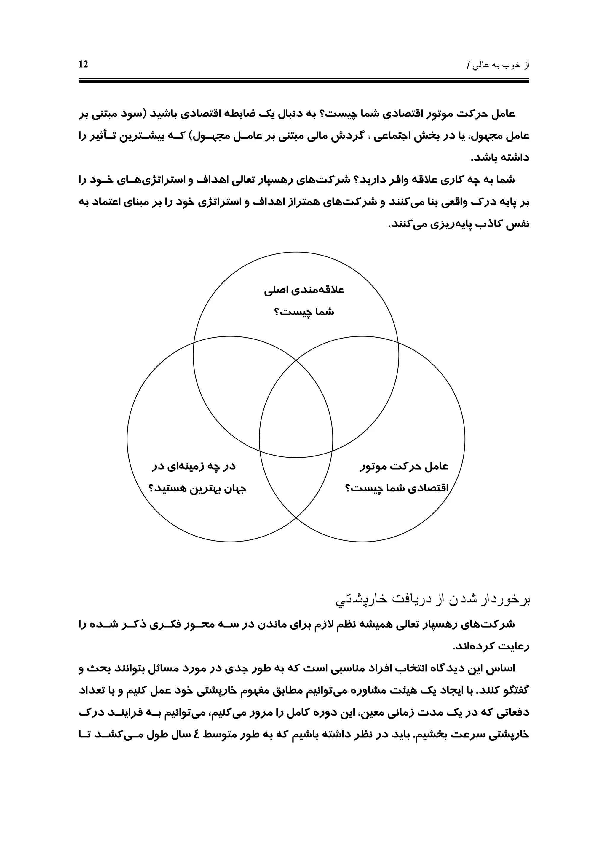 ‫ﻋﺎﻟﻲ‬ ‫ﺑﻪ‬ ‫ﺧﻮﺏ‬ ‫ﺍﺯ‬/12
‫ﺿﺎﺑﻄ‬ ‫ﻳﻚ‬ ‫ﺩﻧﺒﺎﻝ‬ ‫ﺑﻪ‬ ‫ﭼﻴﺴﺖ؟‬ ‫ﺷﻤﺎ‬ ‫ﺍﻗﺘﺼﺎﺩﻱ‬ ‫ﻣﻮﺗﻮﺭ‬ ‫ﺣﺮﻛﺖ‬ ‫ﻋﺎﻣﻞ‬‫ﻪ‬‫ﺑﺎﺷﻴﺪ‬ ‫ﺍﻗﺘﺼﺎﺩﻱ‬)‫ﺑﺮ‬ ‫ﻣﺒﺘﻨﻲ‬ ‫ﺳﻮﺩ‬
‫ﺍﺟﺘﻤﺎﻋﻲ‬ ‫ﺑﺨﺶ‬ ‫ﺩﺭ‬ ‫ﻳﺎ‬ ،‫ﻣﺠﻬﻮﻝ‬ ‫ﻋﺎﻣﻞ‬،‫ﻋﺎﻣـﻞ‬ ‫ﺑﺮ‬ ‫ﻣﺒﺘﻨﻲ‬ ‫ﻣﺎﻟﻲ‬ ‫ﮔﺮﺩﺵ‬‫ﻣﺠﻬـﻮﻝ‬(‫ﺭﺍ‬ ‫ﺗـﺄﺛﻴﺮ‬ ‫ﺑﻴﺸـﺘﺮﻳﻦ‬ ‫ﻛـﻪ‬
‫ﺑﺎﺷﺪ‬ ‫ﺩﺍﺷﺘﻪ‬.
‫ﻋﻼﻗ‬ ‫ﻛﺎﺭﻱ‬ ‫ﭼﻪ‬ ‫ﺑﻪ‬ ‫ﺷﻤﺎ‬‫ﻪ‬‫ﺷﺮﻛﺖ‬ ‫ﺩﺍﺭﻳﺪ؟‬ ‫ﻭﺍﻓﺮ‬‫ﺍﺳﺘﺮﺍﺗﮋﻱ‬ ‫ﻭ‬ ‫ﺍﻫﺪﺍﻑ‬ ‫ﺗﻌﺎﻟﻲ‬ ‫ﺭﻫﺴﭙﺎﺭ‬ ‫ﻫﺎﻱ‬‫ﺭﺍ‬ ‫ﺧـﻮﺩ‬ ‫ﻫـﺎﻱ‬
‫ﭘﺎﻳ‬ ‫ﺑﺮ‬‫ﻪ‬‫ﻣﻲ‬ ‫ﺑﻨﺎ‬ ‫ﻭﺍﻗﻌﻲ‬ ‫ﺩﺭﻙ‬‫ﺷﺮﻛﺖ‬ ‫ﻭ‬ ‫ﻛﻨﻨﺪ‬‫ﺑﻪ‬ ‫ﺍﻋﺘﻤﺎﺩ‬ ‫ﻣﺒﻨﺎﻱ‬ ‫ﺑﺮ‬ ‫ﺭﺍ‬ ‫ﺧﻮﺩ‬ ‫ﺍﺳﺘﺮﺍﺗﮋﻱ‬ ‫ﻭ‬ ‫ﺍﻫﺪﺍﻑ‬ ‫ﻫﻤﺘﺮﺍﺯ‬ ‫ﻫﺎﻱ‬
‫ﭘﺎﻳﻪ‬ ‫ﻛﺎﺫﺏ‬ ‫ﻧﻔﺲ‬‫ﻣﻲ‬ ‫ﺭﻳﺰﻱ‬‫ﻛﻨﻨﺪ‬.
‫ﻋﻼﻗﻪ‬‫ﺍ‬ ‫ﻣﻨﺪﻱ‬‫ﺻﻠﻲ‬
‫ﭼﻴﺴﺖ؟‬ ‫ﺷﻤﺎ‬
‫ﻣﻮﺗﻮﺭ‬ ‫ﺣﺮﻛﺖ‬ ‫ﻋﺎﻣﻞ‬‫ﺯﻣﻴﻨﻪ‬ ‫ﭼﻪ‬ ‫ﺩﺭ‬‫ﺩﺭ‬ ‫ﺍﻱ‬
‫ﭼﻴﺴﺖ؟‬ ‫ﺷﻤﺎ‬ ‫ﺍﻗﺘﺼﺎﺩﻱ‬‫ﻫﺴﺘﻴﺪ؟‬ ‫ﺑﻬﺘﺮﻳﻦ‬ ‫ﺟﻬﺎﻥ‬
‫ﺧﺎﺭﭘﺸﺘﻲ‬ ‫ﺩﺭﻳﺎﻓﺖ‬ ‫ﺍﺯ‬ ‫ﺷﺪﻥ‬ ‫ﺑﺮﺧﻮﺭﺩﺍﺭ‬
‫ﺷﺮﻛﺖ‬‫ﺭﺍ‬ ‫ﺷـﺪﻩ‬ ‫ﺫﻛـﺮ‬ ‫ﻓﻜـﺮﻱ‬ ‫ﻣﺤـﻮﺭ‬ ‫ﺳـﻪ‬ ‫ﺩﺭ‬ ‫ﻣﺎﻧﺪﻥ‬ ‫ﺑﺮﺍﻱ‬ ‫ﻻﺯﻡ‬ ‫ﻧﻈﻢ‬ ‫ﻫﻤﻴﺸﻪ‬ ‫ﺗﻌﺎﻟﻲ‬ ‫ﺭﻫﺴﭙﺎﺭ‬ ‫ﻫﺎﻱ‬
‫ﻛﺮﺩﻩ‬ ‫ﺭﻋﺎﻳﺖ‬‫ﺍﻧﺪ‬.
‫ﺍﻧﺘﺨﺎ‬ ‫ﺩﻳﺪﮔﺎﻩ‬ ‫ﺍﻳﻦ‬ ‫ﺍﺳﺎﺱ‬‫ﻭ‬ ‫ﺑﺤﺚ‬ ‫ﺑﺘﻮﺍﻧﻨﺪ‬ ‫ﻣﺴﺎﺋﻞ‬ ‫ﻣﻮﺭﺩ‬ ‫ﺩﺭ‬ ‫ﺟﺪﻱ‬ ‫ﻃﻮﺭ‬ ‫ﺑﻪ‬ ‫ﻛﻪ‬ ‫ﺍﺳﺖ‬ ‫ﻣﻨﺎﺳﺒﻲ‬ ‫ﺍﻓﺮﺍﺩ‬ ‫ﺏ‬
‫ﻛﻨﻨﺪ‬ ‫ﮔﻔﺘﮕﻮ‬.‫ﻣﻲ‬ ‫ﻣﺸﺎﻭﺭﻩ‬ ‫ﻫﻴﺌﺖ‬ ‫ﻳﻚ‬ ‫ﺍﻳﺠﺎﺩ‬ ‫ﺑﺎ‬‫ﺗﻌﺪﺍﺩ‬ ‫ﺑﺎ‬ ‫ﻭ‬ ‫ﻛﻨﻴﻢ‬ ‫ﻋﻤﻞ‬ ‫ﺧﻮﺩ‬ ‫ﺧﺎﺭﭘﺸﺘﻲ‬ ‫ﻣﻔﻬﻮﻡ‬ ‫ﻣﻄﺎﺑﻖ‬ ‫ﺗﻮﺍﻧﻴﻢ‬
‫ﺩﻭﺭ‬ ‫ﺍﻳﻦ‬ ،‫ﻣﻌﻴﻦ‬ ‫ﺯﻣﺎﻧﻲ‬ ‫ﻣﺪﺕ‬ ‫ﻳﻚ‬ ‫ﺩﺭ‬ ‫ﻛﻪ‬ ‫ﺩﻓﻌﺎﺗﻲ‬‫ﻩ‬‫ﻣﻲ‬ ‫ﻣﺮﻭﺭ‬ ‫ﺭﺍ‬ ‫ﻛﺎﻣﻞ‬‫ﻣﻲ‬ ،‫ﻛﻨﻴﻢ‬‫ﺩﺭﻙ‬ ‫ﻓﺮﺍﻳﻨـﺪ‬ ‫ﺑـﻪ‬ ‫ﺗﻮﺍﻧﻴﻢ‬
‫ﺑﺨﺸﻴﻢ‬ ‫ﺳﺮﻋﺖ‬ ‫ﺧﺎﺭﭘﺸﺘﻲ‬.‫ﻣﺘﻮﺳﻂ‬ ‫ﻃﻮﺭ‬ ‫ﺑﻪ‬ ‫ﻛﻪ‬ ‫ﺑﺎﺷﻴﻢ‬ ‫ﺩﺍﺷﺘﻪ‬ ‫ﻧﻈﺮ‬ ‫ﺩﺭ‬ ‫ﺑﺎﻳﺪ‬٤‫ﻣـﻲ‬ ‫ﻃﻮﻝ‬ ‫ﺳﺎﻝ‬‫ﺗـﺎ‬ ‫ﻛﺸـﺪ‬
 