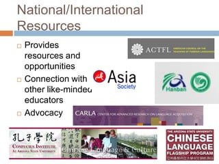 National/International ResourcesProvides resources and opportunitiesConnection with other like-minded educatorsAdvocacy 