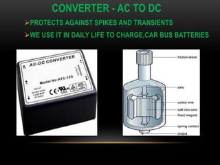 CONVERTER - AC TO DC
PROTECTS AGAINST SPIKES AND TRANSIENTS
WE USE IT IN DAILY LIFE TO CHARGE,CAR BUS BATTERIES
 