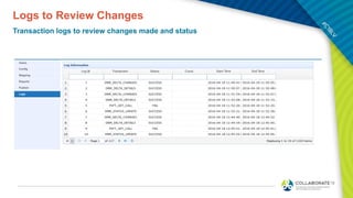 Logs to Review Changes
Transaction logs to review changes made and status
 