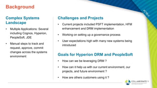 Background
Complex Systems
Landscape
• Multiple Applications: Several
including Cognos, Hyperion,
PeopleSoft, JDE
• Manual steps to track and
request, approve, commit
changes across the systems
environment
Challenges and Projects
• Current projects included PSFT implementation, HFM
enhancement and DRM implementation
• Working on setting up a governance process
• User expectations high with many new systems being
introduced
Goals for Hyperion DRM and PeopleSoft
• How can we be leveraging DRM ?
• How can it help us with our current environment, our
projects, and future environment ?
• How are others customers using it ?
 