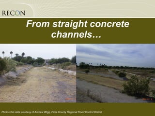 From straight concrete channels…  Photos this slide courtesy of Andrew Wigg, Pima County Regional Flood Control District 
