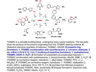 TOSMIC is a versatile building block, undergoing many useful reactions. The red parts
show the portions of the product originating from the TOSMIC starting material. A
(Selective reductive cyanation of ketones): TOSMIC, t-BuOK; B (oxazole ring
formation): 1. TOSMIC condensation with cyclohexanone, 2. cinnamic aldehyde, 2
eq. n-BuLi (-70 to 0 °C, 2 h); C (4-alkoxy-2-oxazoline formation): 1. acetophenone,
TOSMIC, EtOH; 2. H3O+; D (formation of substituted α,β-unsaturated ketones): 1.
TOSMIC condensation with cyclohexanone, 2. benzyl bromide, t-BuOK, DME; 3. H3O+; E
(TOSMIC as connective reagent, reduction): 1. alkyl iodide, TOSMIC, PTC, 2. Li,
NH3(liq.); F (TOSMIC as connective reagent, hydrolysis): 1. TOSMIC, dialkylation 2.
H2SO4 (50%), sulpholane, 20 to 100 °C, 2 h; G (pyrroles from Michael acceptors):
benzyl-substituted TOSMIC, NaH, acrylonitrile; H (triazole formation): diazonium salt,
TOSMIC, K2CO3, DMSO, MeOH, H2O,-10 °C.
 