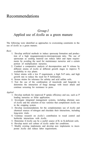 Recommendations
Group I
Applied use of Azolla as a green manure
The following were identified as approaches to overcoming constraints to the
use of Azolla as a green manure.
Basic
1. Develop artificial methods to induce sporocarp formation and produc-
tion of a high megasporocarp-to-microsporocarp ratio. The use of
sporocarps as seeding material can reduce labor and input require-
ments by avoiding the need for maintenance nurseries and a certain
portion of multiplication nurseries.
2. Conduct a comparative analysis of decomposition and N release by
different strains of Azolla at different growth stages to improve N
availability to rice plants.
3. Select strains with a low P requirement, a high N-P ratio, and high
growth rate to reduce the need for P fertilization.
4. Screen strains for tolerance for salinity and acid sulfate soils.
5. Test the use of the combination of insecticide and fungicide to
determine the interaction of fungi damage with insect attack and
continue screening for resistance to pests.
Applied
1. Develop methods for improved P uptake efficiency and use, such as P
loading nurseries or foliar application.
2. Investigate integrated management systems, including alternate uses
of Azolla and the selection of rice varieties that complement Azolla use
in the cropping system.
3. Develop recommendations for the complementary use of Azolla and
chemical sources of nitrogen and elucidate their interactions, including
long-term trials.
4. Continue research on Azolla’s contribution to weed control and
herbicide interactions with Azolla.
5. Determine if Azolla can be a useful source of K in K-deficient soils.
6. Develop moist soil culture of Azolla under hot conditions.
7. Modify existing implements and develop new implements to incor-
porate Azolla and reduce labor requirements.
 