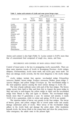 AZOLLA USE IN AGRICULTURE IN GUANGDONG, CHINA 143
Table 3. Amino acid contents of Azolla and some green forage crops.
g/100 g protein, dry wt
Amino acid Azolla Water Water Sweet
potato
Milk Clover
shoot
vetch
hyacinth lettuce
Lysine
Histidine
Arginine
Aspartic acid
Threonine
Serine
Glutamic acid
Proline
Glycine
Alanine
Valine
Methionine
Isoleucine
Leucine
Tyrosine
Phenylalanine
5.48 6.75 7.99
2.28 2.36 2.68
6.84 6.45 6.86
9.72 7.09 10.77
5.00 3.84 5.04
4.92 3.89 4.93
12.44 10.93 14.69
4.04 4.43 4.43
5.88 4.98 5.77
6.08 4.78 6.59
4.88 4.04 5.00
1.40 1.87 1.56
4.56 3.79 3.87
8.64 6.89 8.45
3.84 3.84 3.97
4.68 4.58 4.89
0.28 6.59
1.37 3.13
2.00 6.54
11.94 8.75
2.37 3.85
1.97 4.18
8.56 12.40
– 2.64
0.48 5.14
2.08 5.38
1.88 5.91
0.72 1.29
1.36 4.62
4.04 8.32
1.55 4.47
2.36 5.00
6.27
2.65
5.60
10.24
4.39
4.46
11.08
3.31
5.00
5.30
5.48
1.33
4.28
7.65
4.16
5.12
Amino acid content is also high (Table 3). Lysine content is 0.42% more than
that of concentrated feed composed of rough rice, maize, and bran.
RECURRENCE AND CONTROL OF MAIN AZOLLA INSECT PESTS
Control of insect pests is the key to propagating Azolla successfully. There are
three main injurious insects of Azolla in Kwangtong Province: Azolla midges
(Diptera, Chironomidae), Azolla snout moth, and Azolla grey snout moth. All
three can damage Azolla severely, but the most dangerous is the Azolla midge
(3).
Azolla midges include four species: two-banded midge Polypedilum
iuinoense Hauber, brown midge Tendipes attenuatae Wather, green midge T.
riparius Meigen, and yellow midge Cricotopus sp. The two-banded midge is
the most populous species causing the most serious damage to Azolla (4).
The time of peak outbreak varies with each of the four midges. The brown
midge occurs from April to May and from July to August; the green midge in
May and early to mid-August; the yellow midge in April; and the two-banded
midge from March to May and again in October. The two-banded midge
breeds more than 15 generations a year. In summer and autumn, it needs
14-20 d for a generation, while in winter and spring, 25-30 d are needed.
The injurious habits of larvae vary greatly in the four midges. The larvae
of brown, green, and yellow midges like to crowd under water and usually
damage underwater parts of Azolla. Most larvae of the two-banded midge
adhere to the Azolla body and damage the entire plant. After incubation
beneath Azolla, the larvae climb to the young buds and chew the young leaves.
After emergence, the adults mate in the present light.
 