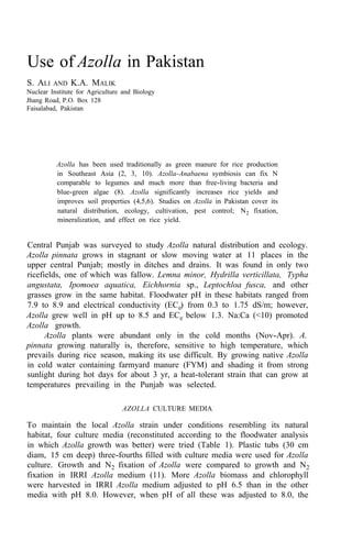 Use of Azolla in Pakistan
S. ALI AND K.A. MALIK
Nuclear Institute for Agriculture and Biology
Jhang Road, P.O. Box 128
Faisalabad, Pakistan
Azolla has been used traditionally as green manure for rice production
in Southeast Asia (2, 3, 10). Azolla-Anabaena symbiosis can fix N
comparable to legumes and much more than free-living bacteria and
blue-green algae (8). Azolla significantly increases rice yields and
improves soil properties (4,5,6). Studies on Azolla in Pakistan cover its
natural distribution, ecology, cultivation, pest control; N2 fixation,
mineralization, and effect on rice yield.
Central Punjab was surveyed to study Azolla natural distribution and ecology.
Azolla pinnata grows in stagnant or slow moving water at 11 places in the
upper central Punjab; mostly in ditches and drains. It was found in only two
ricefields, one of which was fallow. Lemna minor, Hydrilla verticillata, Typha
angustata, Ipomoea aquatica, Eichhornia sp., Leptochloa fusca, and other
grasses grow in the same habitat. Floodwater pH in these habitats ranged from
7.9 to 8.9 and electrical conductivity (ECe) from 0.3 to 1.75 dS/m; however,
Azolla grew well in pH up to 8.5 and ECe below 1.3. Na:Ca (<10) promoted
Azolla growth.
Azolla plants were abundant only in the cold months (Nov-Apr). A.
pinnata growing naturally is, therefore, sensitive to high temperature, which
prevails during rice season, making its use difficult. By growing native Azolla
in cold water containing farmyard manure (FYM) and shading it from strong
sunlight during hot days for about 3 yr, a heat-tolerant strain that can grow at
temperatures prevailing in the Punjab was selected.
AZOLLA CULTURE MEDIA
To maintain the local Azolla strain under conditions resembling its natural
habitat, four culture media (reconstituted according to the floodwater analysis
in which Azolla growth was better) were tried (Table 1). Plastic tubs (30 cm
diam, 15 cm deep) three-fourths filled with culture media were used for Azolla
culture. Growth and N2 fixation of Azolla were compared to growth and N2
fixation in IRRI Azolla medium (11). More Azolla biomass and chlorophyll
were harvested in IRRI Azolla medium adjusted to pH 6.5 than in the other
media with pH 8.0. However, when pH of all these was adjusted to 8.0, the
 