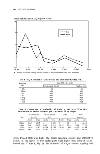 194 AZOLLA UTILIZATION
6. Nitrate reductase activity in rice leaves of Azolla treatment and urea treatment.
Table 5. NH4-N content in Azolla-treated and urea-treated paddy soils.
Sampling
date
(mg/ 100 g dry soil)
Incorporated Azolla Applied urea
31 May
19 Jun
5 JuI
25 JuI
4 Aug
13 Sep
4 Oct
1.00
0.88
0.90
0.40
0.11
0.35
0.40
1.05
0.90
0.90
0.35
0.15
0.29
0.35
Table 6. Comparison of availability of Azolla N and urea N to rice
incorporated at panicle initiation; pot experiment, 25 kg soil/pot.
N content in 15
N at. excess Ndff Ndff
Date rice (%) (%) (mg/pot)
Azolla Urea Azolla Urea Azolla Urea Azolla Urea
18 Oct 0.867 0.867 0 0.242 0 11.11 0 40.18
29 Oct 0.467 0.867 0.05 0.225 12.22 10.33 23.09 37.25
8 Nov 0.616 1.545 0.074 0.209 18.09 9.60 45.36 61.94
14 Nov 1.092 1.405 0.052 0.225 12.71 10.33 56.30 60.68
Azolla-treated plots was high. The nitrate reductase activity and chlorophyll
content in rice leaves of urea-treated plots were higher than those of Azolla-
treated plots (Table 4, Fig. 6). The dynamics of NH4-N content in paddy soil
 