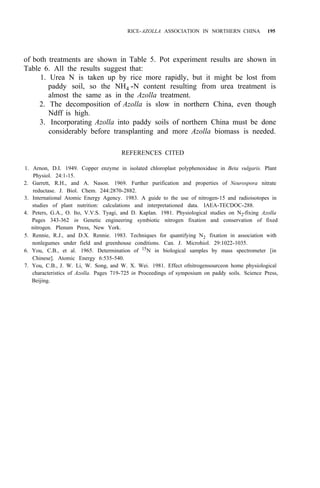 RICE-AZOLLA ASSOCIATION IN NORTHERN CHINA 195
of both treatments are shown in Table 5. Pot experiment results are shown in
Table 6. All the results suggest that:
1. Urea N is taken up by rice more rapidly, but it might be lost from
paddy soil, so the NH4 -N content resulting from urea treatment is
almost the same as in the Azolla treatment.
2. The decomposition of Azolla is slow in northern China, even though
Ndff is high.
3. Incorporating Azolla into paddy soils of northern China must be done
considerably before transplanting and more Azolla biomass is needed.
REFERENCES CITED
1. Arnon, D.I. 1949. Copper enzyme in isolated chloroplast polyphenoxidase in Beta vulgaris. Plant
Physiol. 24:1-15.
2. Garrett, R.H., and A. Nason. 1969. Further purification and properties of Neurospora nitrate
reductase. J. Biol. Chem. 244:2870-2882.
3. International Atomic Energy Agency. 1983. A guide to the use of nitrogen-15 and radioisotopes in
studies of plant nutrition: calculations and interpretationed data. IAEA-TECDOC-288.
4. Peters, G.A., O. Ito, V.V.S. Tyagi, and D. Kaplan. 1981. Physiological studies on N2-fixing Azolla
Pages 343-362 in Genetic engineering symbiotic nitrogen fixation and conservation of fixed
nitrogen. Plenum Press, New York.
5. Rennie, R.J., and D.X. Rennie. 1983. Techniques for quantifying N2 fixation in association with
nonlegumes under field and greenhouse conditions. Can. J. Microhiol. 29:1022-1035.
6. You, C.B., et al. 1965. Determination of 15
N in biological samples by mass spectrometer [in
Chinese]. Atomic Energy 6:535-540.
7. You, C.B., J. W. Li, W. Song, and W. X. Wei. 1981. Effect ofnitrogensourceon home physiological
characteristics of Azolla. Pages 719-725 in Proceedings of symposium on paddy soils. Science Press,
Beijing.
 