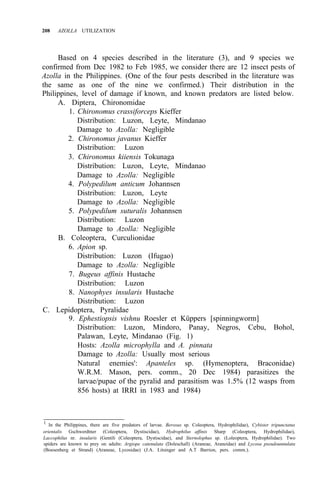 208 AZOLLA UTILIZATION
Based on 4 species described in the literature (3), and 9 species we
confirmed from Dec 1982 to Feb 1985, we consider there are 12 insect pests of
Azolla in the Philippines. (One of the four pests described in the literature was
the same as one of the nine we confirmed.) Their distribution in the
Philippines, level of damage if known, and known predators are listed below.
A. Diptera, Chironomidae
1. Chironomus crassiforceps Kieffer
Distribution: Luzon, Leyte, Mindanao
Damage to Azolla: Negligible
2. Chironomus javanus Kieffer
Distribution: Luzon
3. Chironomus kiiensis Tokunaga
Distribution: Luzon, Leyte, Mindanao
Damage to Azolla: Negligible
4. Polypedilum anticum Johannsen
Distribution: Luzon, Leyte
Damage to Azolla: Negligible
5. Polypedilum suturalis Johannsen
Distribution: Luzon
Damage to Azolla: Negligible
B. Coleoptera, Curculionidae
6. Apion sp.
Distribution: Luzon (Ifugao)
Damage to Azolla: Negligible
7. Bugeus affinis Hustache
Distribution: Luzon
8. Nanophyes insularis Hustache
Distribution: Luzon
C. Lepidoptera, Pyralidae
9. Ephestiopsis vishnu Roesler et Küppers [spinningworm]
Distribution: Luzon, Mindoro, Panay, Negros, Cebu, Bohol,
Palawan, Leyte, Mindanao (Fig. 1)
Hosts: Azolla microphylla and A. pinnata
Damage to Azolla: Usually most serious
Natural enemies': Apanteles sp. (Hymenoptera, Braconidae)
W.R.M. Mason, pers. comm., 20 Dec 1984) parasitizes the
larvae/pupae of the pyralid and parasitism was 1.5% (12 wasps from
856 hosts) at IRRI in 1983 and 1984)
1
In the Philippines, there are five predators of larvae. Berosus sp. Coleoptera, Hydrophilidae), Cybister tripunctatus
orientalis Gschwerdtner (Coleoptera, Dystiscidae), Hydrophilus affinis Sharp (Coleoptera, Hydrophilidae),
Laccophilus nr. insularis (Gentili (Coleoptera, Dystiscidae), and Sternolophus sp. (Loleoptera, Hydrophilidae). Two
spiders are known to prey on adults: Argiope catenulata (Doleschall) (Araneae, Araneidae) and Lycosa pseudounnulata
(Boesenberg et Strand) (Araneae, Lycosidae) (J.A. Litsinger and A.T Barrion, pers. comm.).
 