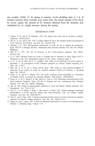 N2-FIXING ACTIVITY OF AZOLLA IN NATURAL ENVIRONMENT 231
any weather (Table 3). In spring or autumn, Azolla doubling time is 3 d. If
weather remains fairly constant over some time, the actual amount of N2 fixed
by Azolla equals the amount of N2 fixation obtained from the formulas and
multiplied by its weight increase during the period.
REFERENCES CITED
1. Ashton, P. H., and R. D. Walmsky. 1976. The aquatic fern Azolla and its Anabaena symbiont.
Endeavour 35(124):39-43.
2. Bai, K., S. Yu, and D. Shi. 1979. A simple method for the in situ nitrogen fixation measurement of
Azolla imbricata [in Chinese]. Acta Bot. Sin. 21(2):197-198.
3. Becking, J. H. 1979. Environmental requirements of Azolla for use in tropical rice production.
Pages 345-373 in Nitrogen and Rice. International Rice Research Institute, P.O. Box 933, Manila,
Philippines.
4. Hill, D. J. 1977. The role of Anabaena in the Azolla-Anabaena symbiosis. New Phytol.
78(3):611-616.
5. Li, Z. 1982. Nitrogen fixation by Azolla in ricefields and its utilization in China. Pages 82-95 in
Transaction of the 12th international congress of soil science. Symposia paper I.
6. Li, Z., S. Zu, M. Mao, and T. A. Lumpkin. 1982. Study on the utilization of 8 Azolla species in
agriculture. I. An investigation of their utilization properties [in Chinese, English summary]. Sci.
Agric. Sin. 1:19-27.
7. Mao, M., Z. Li, S. Zu, F. Wang, and B. Zhao. 1982. Study on some technical problems of
measuring N2-ase activity of Azolla by acetylene reduction method [in Chinese]. J. Zhe-jiang
Agric. Sci. 2:99-103.
8. Peters, G. A., and B. C. Mayne. 1977. The Azolla, Anabaena Azolla relationship. II. Localization
of nitrogen activity as assayed by acetylene reduction. Plant Physiol. 53(6):820-824.
9. Peters, G. A., B. C. Mayne,T. B. Ray, and R. E. Toia, Jr. 1978. Physiology and biochemistry of the
Azolla-Anabaena symbiosis. Pages 325-344 in Nitrogen and rice. International Rice Research
Institute, P.O. Box 933, Manila, Philippines.
10. Shi, D. 1981. Studies on photosynthetic characters of Azolla [in Chinese, English summary]. Acta
Phytophysiol. Sin. 7(2):113-120.
11. Shi, D., J. Li, Z. Zhoag, F. Wang, L. Zhu, and G. A. Peters. 1981. Studies onnitrogen fixationand
photosynthesis in Azolla imbricata (Roxb) and Azolla filiculoides Lam. [in Chinese, English
summary]. Acta Bot. Sin. 23(4):306-315.
12. Wen, Y., and J. Tang. 1978. A measure of nitrogen fixation activity of Azolla imbricata by acetylene
reduction [in Chinese, English summary]. Acta. Bot. Sin. 20(3):273-275.
13. Zhang, Z., and C. Liang. 1981. A study on biological characteristics of Azolla in Yin Ma Zhuang [in
Chinese]. J. Shandong Agric. College 1:1-8.
 