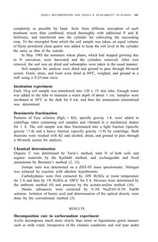 AZOLLA DECOMPOSITION AND AZOLLA N AVAILABILITY TO PLANTS 243
completely as possible by hand. Soils from different microplots of each
treatment were then combined, mixed thoroughly with additional P and K
fertilizers, and transferred into the cylinder for cultivating the succeeding
crop. To the microplot from which the soil sample was taken, an equal volume
of finely powdered clean quartz was added to keep the soil level in the cylinder
the same as that of the outside.
In May 1983 the immature wheat plants, which had stopped growing due
to N starvation, were harvested and the cylinders removed. After root
removal, the soil was air dried and subsamples were taken in the usual manner.
Soil samples for analysis were dried and ground to pass through 60-mesh
screen. Grain, straw, and roots were dried at 60o
C, weighed, and ground in a
mill using a 0.25-mm sieve.
Incubation experiment
Each 10-g soil sample was transferred into 120 x 15 mm tube. Enough water
was added to the tube to maintain a water depth of about 1 cm. Samples were
incubated at 30°C in the dark for 4 wk, and then the ammonium mineralized
was determined.
Densimetric fractionation
Portions of Ture solution (HgI2 + KI), specific gravity 1.8, were added to
centrifuge tubes containing soil samples and vibrated in a mechanical shaker
for 1 h. The soil sample was thus fractionated into a light fraction (specific
gravity <1.8) and a heavy fraction (specific gravity >1.8) by centrifuge. Both
fractions were washed with KI and alcohol, dried, and ground to pass through
a 60-mesh screen for analysis.
Chemical determination
Organic C was determined by Turin’s method, total N of both soils and
organic materials by the Kjeldahl method, and exchangeable and fixed
ammonium by Bremner’s method (2, 13).
Isotope ratio was determined on a ZHT-01 mass spectrometer. Nitrogen
was released by reaction with alkaline hypobromite.
Carbohydrates were first extracted by 24N H2SO4 at room temperature
for 2 h and then by 1N H2SO4 at 100°C for 5 h. Hexoses were determined by
the anthrone method (9) and pentoses by the acetate-aniline method (16).
Humic substances were extracted by 0.1M Na4P2O7-0.1N NaOH
solution. Isolation of humic acid and determination of the optical density were
done by the conventional method (3).
RESULTS
Decomposition rate in carborundum experiment
Azolla decomposes much more slowly than straw or leguminous green manure
such as milk vetch, irrespective of the climatic conditions and soil type under
 