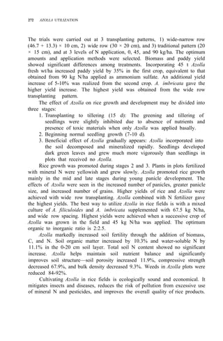 272 AZOLLA UTILIZATION
The trials were carried out at 3 transplanting patterns, 1) wide-narrow row
(46.7 + 13.3) × 10 cm, 2) wide row (30 × 20 cm), and 3) traditional pattern (20
× 15 cm), and at 3 levels of N application, 0, 45, and 90 kg/ha. The optimum
amounts and application methods were selected. Biomass and paddy yield
showed significant differences among treatments. Incorporating 45 t Azolla
fresh wt/ha increased paddy yield by 35% in the first crop, equivalent to that
obtained from 90 kg N/ha applied as ammonium sulfate. An additional yield
increase of 5-10% was realized from the second crop. A. imbricata gave the
higher yield increase. The highest yield was obtained from the wide row
transplanting pattern.
The effect of Azolla on rice growth and development may be divided into
three stages:
1. Transplanting to tillering (15 d): The greening and tillering of
seedlings were slightly inhibited due to absence of nutrients and
presence of toxic materials when only Azolla was applied basally.
2. Beginning normal seedling growth (7-10 d).
3. Beneficial effect of Azolla gradually appears: Azolla incorporated into
the soil decomposed and mineralized rapidly. Seedlings developed
dark green leaves and grew much more vigorously than seedlings in
plots that received no Azolla.
Rice growth was promoted during stages 2 and 3. Plants in plots fertilized
with mineral N were yellowish and grew slowly. Azolla promoted rice growth
mainly in the mid and late stages during young panicle development. The
effects of Azolla were seen in the increased number of panicles, greater panicle
size, and increased number of grains. Higher yields of rice and Azolla were
achieved with wide row transplanting. Azolla combined with N fertilizer gave
the highest yields. The best way to utilize Azolla in rice fields is with a mixed
culture of A. filiculoides and A. imbricata supplemented with 67.5 kg N/ha,
and wide row spacing. Highest yields were achieved when a successive crop of
Azolla was grown in the field and 45 kg N/ha was applied. The optimum
organic to inorganic ratio is 2:2.5.
Azolla markedly increased soil fertility through the addition of biomass,
C, and N. Soil organic matter increased by 10.3% and water-soluble N by
11.1% in the 0-20 cm soil layer. Total soil N content showed no significant
increase. Azolla helps maintain soil nutrient balance and significantly
improves soil structure—soil porosity increased 11.9%, compressive strength
decreased 67.9%, and bulk density decreased 9.3%. Weeds in Azolla plots were
reduced 84-92%.
Cultivating Azolla in rice fields is ecologically sound and economical. It
mitigates insects and diseases, reduces the risk of pollution from excessive use
of mineral N and pesticides, and improves the overall quality of rice products.
 
