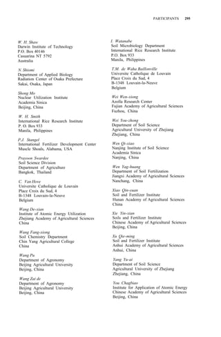 PARTICIPANTS 295
W. H. Shaw
Darwin Institute of Technology
P.O. Box 40146
Casuarina NT 5792
Australia
N. Shiomi
Department of Applied Biology
Radiation Center of Osaka Prefecture
Sakai, Osaka, Japan
Shong Mo
Nuclear Utilization Institute
Academia Sinica
Beijing, China
W. H. Smith
International Rice Research Institute
P. O. Box 933
Manila, Philippines
P.J. Stangel
International Fertilizer Development Center
Muscle Shoals, Alabama, USA
Prayoon Swardee
Soil Science Division
Department of Agriculture
Bangkok, Thailand
C. Van Hove
Universite Catholique de Louvain
Place Croix du Sud, 4
B-1348 Louvain-la-Neuve
Belgium
Wang De-xian
Institute of Atomic Energy Utilization
Zhejiang Academy of Agricultural Sciences
China
Wang Fang-xiong
Soil Chemistry Department
Chin Yang Agricultural College
China
Wang Pu
Department of Agronomy
Beijing Agricultural University
Beijing, China
Wang Zai de
Department of Agronomy
Beijing Agricultural University
Beijing, China
I. Watanabe
Soil Microbiology Department
International Rice Research Institute
P.O. Box 933
Manila, Philippines
T.M. de Waha Baillonville
Universite Catholique de Louvain
Place Croix du Sud, 4
B-1348 Louvain-la-Neuve
Belgium
Wei Wen-xiong
Azolla Research Center
Fujian Academy of Agricultural Sciences
Fuzhou, China
Wei You-zhong
Department of Soil Science
Agricultural University of Zhejiang
Zhejiang, China
Wen Qi-xiao
Nanjing Institute of Soil Science
Academia Sinica
Nanjing, China
Wen Yag-huang
Department of Soil Fertilization
Jiangxi Academy of Agricultural Sciences
Nanchang, China
Xiao Qin-yuan
Soil and Fertilizer Institute
Hunan Academy of Agricultural Sciences
China
Xie Yin-xian
Soils and Fertilizer Institute
Chinese Academy of Agricultural Sciences
Beijing, China
Xu Qie-ming
Soil and Fertilizer Institute
Anhui Academy of Agricultural Sciences
Anhui, China
Yang Yu-ai
Department of Soil Science
Agricultural University of Zhejiang
Zhejiang, China
You Chagbiao
Institute for Application of Atomic Energy
Chinese Academy of Agricultural Sciences
Beijing, China
 