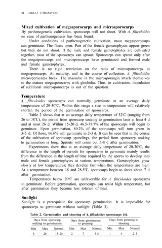 36 AZOLLA UTILIZATION
Mixed cultivation of megasporocarps and microsporocarps
By parthenogenetic cultivation, sporocarps will not shoot. With A. filiculoides
no case of parthenogenesis has been found.
Under conditions of parthenogenetic cultivation, most megasporocarps
can germinate. The floats open. Part of the female gametophytes appear green
but they do not shoot. If the male and female gametophytes are cultivated
together, most of the sporocarps can sprout. Sporocarps can sprout only after
the megasporocarps and microsporocarps have germinated and formed male
and female gametophytes.
There is no rigid restriction on the ratio of microsporocarps to
megasporocarps. At maturity, and in the course of collection, A. filiculoides
microsporocarps break. The massulae in the microsporangia attach themselves
to the mature megasporocarps with glochidia. Thus, in cultivation, inoculation
of additional microsporocarps is out of the question.
Temperature
A. filiculoides sporocarps can normally germinate at an average daily
temperature of 20-30ºC. Within this range a rise in temperature will relatively
shorten the period of the germination of sporocarps.
Table 2 shows that at an average daily temperature of 32ºC (ranging from
26 to 38ºC), the period from sporocarp soaking to germination lasts at least 4 d
and at most 26 d. Within 15-20 d, 46.5-78.7% of the sporocarps will begin to
germinate. Upon germination, 80.2% of the sporocarps will turn green in
3-5 d. Of those, 66.6% will germinate in 2-3 d. It can be seen that in the course
of the cultivation of sporocarp sporelings, the period from sporocarp soaking
to germination is long. Sprouts will come out 5-8 d after germination.
Experiments show that at an average daily temperature of 20-30ºC, the
difference in the length of periods for sporocarps to germinate mainly results
from the difference in the length of time required by the spores to develop into
male and female gametophytes at various temperatures. Gametophytes grow
slowly at low temperatures; they develop fast when the temperatures are high.
At a temperature between 18 and 28.5ºC, sporocarps begin to shoot about 7 d
after germination.
Temperatures below 20ºC are unfavorable for A. filiculoides sporocarps
to germinate. Before germination, sporocarps can resist high temperature, but
after germination they become less tolerant of heat.
Sunlight
Sunlight is a prerequisite for sporocarp germination. It is impossible for
sporocarps to germinate without sunlight (Table 3).
Table 2. Germination and shooting of A. filiculoides sporocarps (4).
Days from sporocarp Days from germination Days from greening to
Min Max Normal Min Max Normal Min Max Normal
soaking to germination to greening shooting
4 26 15-20 2 7 3-5 1 4 2-3
 