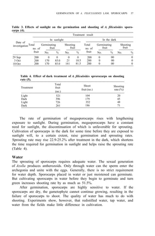 GERMINATION OF A. FILICULOIDES LAM. SPOROCARPS 37
Table 3. Effects of sunlight on the germination and shooting of A. filiculoides sporo-
carps (4).
Treatment result
In sunlight
Date of
In the dark
investigation Total Germinating Shooting Total Germinating Shooting
no. of fruit fruit no. of fruit
fruit No. % No. % fruit No. % No. %
29 Sep 200 0 0 0 0 200 0 00 0
3 Oct 200 170 85.0 21 10.5 200 0 00 0
10 Oct 200 170 85.0 161 81.5 200 0 00 0
fruit
Table 4. Effect of dark treatment of A. filiculoides sprorocarps on shooting
rate (5).
Total
fruit
(no.)
Treatment
Shoot Shooting
fruit (no.) rate (%)
Light 521 104 20
Dark 396 179 45
Light 726 352 48
Dark 261 186 71
The rate of germination of megasporocarps rises with lengthening
exposure to sunlight. During germination, megasporocarps have a constant
need for sunlight, the discontinuation of which is unfavorable for sprouting.
Cultivation of sporocarps in the dark for some time before they are exposed to
sunlight will, to a certain extent, raise germination and sprouting rates.
Sprouting rate may rise 22.9-25.2% after treatment in the dark, which shortens
the time required for germination in sunlight and helps raise the sprouting rate
(Table 4).
Water
The sprouting of sporocarps requires adequate water. The sexual generation
of Azolla produces antherozoids. Only through water can the sperm enter the
archegonia and unite with the eggs. Generally, there is no strict requirement
for water depth. Sporocarps placed in water or just moistened can germinate.
But cultivating sporocarps in water before they begin to germinate and turn
green increases shooting rate by as much as 51.5%.
After germination, sporocarps are highly sensitive to water. If the
sporocarps are dry, the gametophyte cannot continue growing, resulting in the
failure of sporocarps to shoot. The quality of water has much to do with
shooting. Experiments show, however, that redistilled water, tap water, and
water from the fields make little difference in cultivation.
 