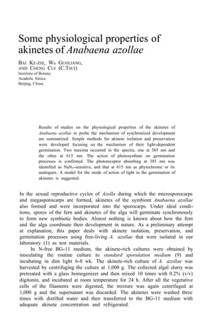 Some physiological properties of
akinetes of Anabaena azollae
BAI KE-ZHI, Wu GUOLIANG,
AND CHENG CUI (C.TSUI)
Institute of Botany
Acadeila Sinica
Beijing, China
Results of studies on the physiological properties of the akinetes of
Anabaena azollae to probe the mechanism of synchronized development
are summarized. Simple methods for akinete isolation and preservation
were developed focusing on the mechanism of their light-dependent
germination. Two maxima occurred in the spectra, one at 385 nm and
the other at 615 nm. The action of photosynthate on germination
processes is confirmed. The photoreceptor absorbing at 385 nm was
identified as NaN3-sensitive, and that at 615 nm as phytochrome or its
analogues. A model for the mode of action of light in the germination of
akinetes is suggested.
In the sexual reproductive cycles of Azolla during which the microsporocarps
and megasporocarps are formed, akinetes of the symbiont Anabaena azollae
also formed and were incorporated into the sporocarps. Under ideal condi-
tions, spores of the fern and akinetes of the alga will germinate synchronously
to form new symbiotic bodies. Almost nothing is known about how the fern
and the alga coordinate their development in nature. As a preliminary attempt
at explanation, this paper deals with akinete isolation, preservation, and
germination processes using free-living A. azollae that were isolated in our
laboratory (1) as test materials.
In N-free BG-11 medium, the akinete-rich cultures were obtained by
inoculating the routine culture to standard sporulation medium (9) and
incubating in dim light 6-8 wk. The akinete-rich culture of A. azollae was
harvested by centrifuging the culture at 1,000 g. The collected algal slurry was
pretreated with a glass homogenizer and then mixed 10 times with 0.2% (v/v)
digitonin, and incubated at room temperature for 24 h. After all the vegetative
cells of the filaments were digested, the mixture was again centrifuged at
1,000 g and the supernatant was discarded. The akinetes were washed three
times with distilled water and then transferred to the BG-11 medium with
adequate akinete concentration and refrigerated.
 
