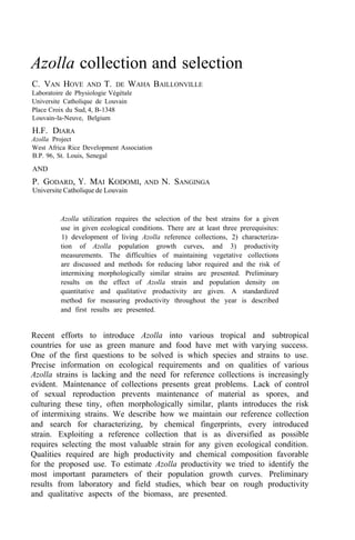Azolla collection and selection
C. VAN HOVE AND T. DE WAHA BAILLONVILLE
Laboratoire de Physiologie Végétale
Universite Catholique de Louvain
Place Croix du Sud, 4, B-1348
Louvain-la-Neuve, Belgium
H.F. DIARA
Azolla Project
West Africa Rice Development Association
B.P. 96, St. Louis, Senegal
AND
P. GODARD, Y. MAI KODOMI, AND N. SANGINGA
Universite Catholique de Louvain
Azolla utilization requires the selection of the best strains for a given
use in given ecological conditions. There are at least three prerequisites:
1) development of living Azolla reference collections, 2) characteriza-
tion of Azolla population growth curves, and 3) productivity
measurements. The difficulties of maintaining vegetative collections
are discussed and methods for reducing labor required and the risk of
intermixing morphologically similar strains are presented. Preliminary
results on the effect of Azolla strain and population density on
quantitative and qualitative productivity are given. A standardized
method for measuring productivity throughout the year is described
and first results are presented.
Recent efforts to introduce Azolla into various tropical and subtropical
countries for use as green manure and food have met with varying success.
One of the first questions to be solved is which species and strains to use.
Precise information on ecological requirements and on qualities of various
Azolla strains is lacking and the need for reference collections is increasingly
evident. Maintenance of collections presents great problems. Lack of control
of sexual reproduction prevents maintenance of material as spores, and
culturing these tiny, often morphologically similar, plants introduces the risk
of intermixing strains. We describe how we maintain our reference collection
and search for characterizing, by chemical fingerprints, every introduced
strain. Exploiting a reference collection that is as diversified as possible
requires selecting the most valuable strain for any given ecological condition.
Qualities required are high productivity and chemical composition favorable
for the proposed use. To estimate Azolla productivity we tried to identify the
most important parameters of their population growth curves. Preliminary
results from laboratory and field studies, which bear on rough productivity
and qualitative aspects of the biomass, are presented.
 