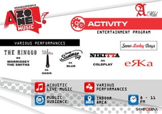 ENTERTAINMENT PROGRAM
NATIONAL ARTISTVARIOUS PERFORMANCES
8 – 11
PM
ACOUSTIC
LIVE MUSIC
VARIOUS
PERFORMANCES
PUBLIC
AUDIENCE
INDOOR
AREA
 
