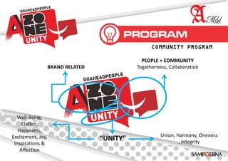 BRAND RELATED
Well-Being,
Elation,
Happiness,
Excitement, Joy,
Inspirations &
Affection
“UNITY”
PEOPLE + COMMUNITY
Togetherness, Collaboration
COMMUNITY PROGRAM
Union, Harmony, Oneness
, Integrity
 