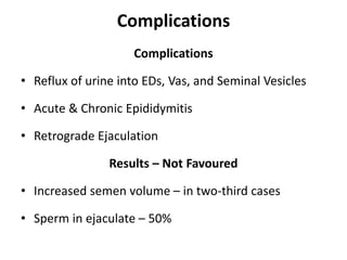Complications
Complications
• Reflux of urine into EDs, Vas, and Seminal Vesicles
• Acute & Chronic Epididymitis
• Retrograde Ejaculation
Results – Not Favoured
• Increased semen volume – in two-third cases
• Sperm in ejaculate – 50%
 