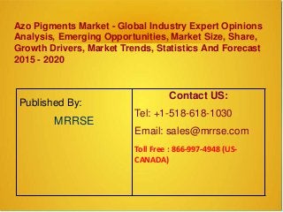 Azo Pigments Market - Global Industry Expert Opinions
Analysis, Emerging Opportunities, Market Size, Share,
Growth Drivers, Market Trends, Statistics And Forecast
2015 - 2020
Published By:
MRRSE
Contact US:
Tel: +1-518-618-1030
Email: sales@mrrse.com
Toll Free : 866-997-4948 (US-
CANADA)
 