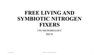FREE LIVING AND
SYMBIOTIC NITROGEN
FIXERS
I PG MICROBIOLOGY
SRCW
17-10-2023 SRCW I PG MICROBIOLOGY 1
 