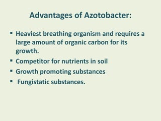 Advantages of Azotobacter:
 Heaviest breathing organism and requires a
large amount of organic carbon for its
growth.
 Competitor for nutrients in soil
 Growth promoting substances
 Fungistatic substances.
 