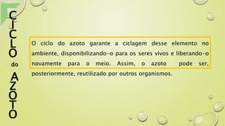 O ciclo do azoto garante a ciclagem desse elemento no
ambiente, disponibilizando-o para os seres vivos e liberando-o
novamente para o meio. Assim, o azoto pode ser,
posteriormente, reutilizado por outros organismos.
C
I
C
L
O
do
A
Z
O
T
O
 
