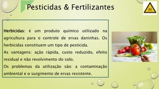 Herbicidas: é um produto químico utilizado na
agricultura para o controle de ervas daninhas. Os
herbicidas constituem um tipo de pesticida.
As vantagens: ação rápida, custo reduzido, efeito
residual e não revolvimento do solo.
Os problemas da utilização são: a contaminação
ambiental e o surgimento de ervas resistente.
Pesticidas & Fertilizantes
 