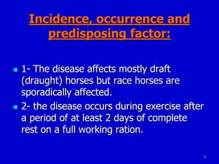 5
Incidence, occurrence and
predisposing factor:
 1- The disease affects mostly draft
(draught) horses but race horses are
sporadically affected.
 2- the disease occurs during exercise after
a period of at least 2 days of complete
rest on a full working ration.
 