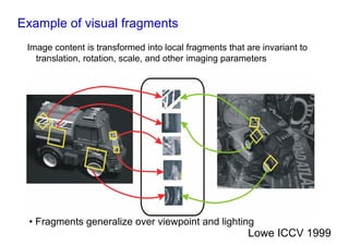 Example of visual fragments
 Image content is transformed into local fragments that are invariant to
   translation, rotation, scale, and other imaging parameters




 • Fragments generalize over viewpoint and lighting
                                                        Lowe ICCV 1999
 