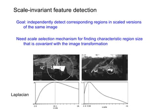 Scale-invariant feature detection
  Goal: independently detect corresponding regions in scaled versions
     of the same image

  Need scale selection mechanism for finding characteristic region size
     that is covariant with the image transformation




Laplacian
 