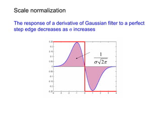 Scale normalization

The response of a derivative of Gaussian filter to a perfect
step edge decreases as σ increases



                                      1
                                    σ 2π
 