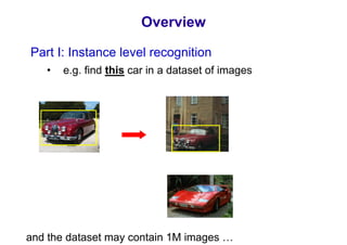 Overview

Part I: Instance level recognition
   •   e.g. find this car in a dataset of images




and the dataset may contain 1M images …
 