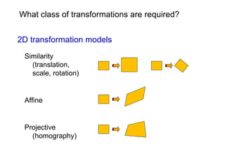 What class of transformations are required?


2D transformation models
 Similarity
   (translation,
   scale, rotation)


 Affine


 Projective
   (homography)
 