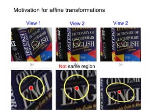 Motivation for affine transformations

     View 1           View 2            View 2




                  Not same region
 