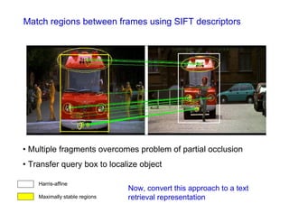 Match regions between frames using SIFT descriptors




• Multiple fragments overcomes problem of partial occlusion
• Transfer query box to localize object

    Harris-affine
                               Now, convert this approach to a text
    Maximally stable regions   retrieval representation
 