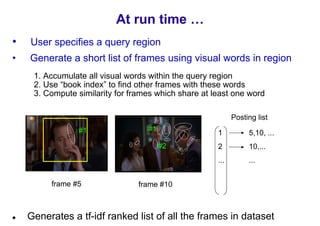 At run time …
•   User specifies a query region
•   Generate a short list of frames using visual words in region
     1. Accumulate all visual words within the query region
     2. Use “book index” to find other frames with these words
     3. Compute similarity for frames which share at least one word

                                                            Posting list
                 #1                #1
                                                      1          5,10, ...
                                        #2            2          10,...
                                                      ...        ...


         frame #5                frame #10



    Generates a tf-idf ranked list of all the frames in dataset
 