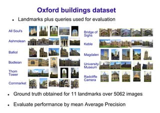 Oxford buildings dataset
          Landmarks plus queries used for evaluation

All Soul's                            Bridge of
                                      Sighs
Ashmolean
                                      Keble

Balliol
                                      Magdalen

Bodleian                              University
                                      Museum
Thom
Tower
                                      Radcliffe
                                      Camera
Cornmarket


   Ground truth obtained for 11 landmarks over 5062 images

   Evaluate performance by mean Average Precision
 