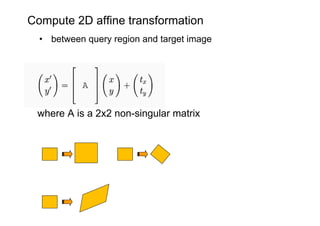Compute 2D affine transformation
  • between query region and target image




 where A is a 2x2 non-singular matrix
 