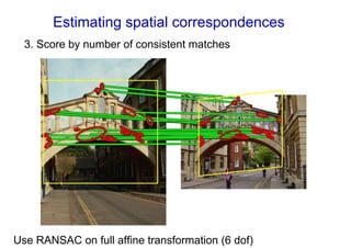 Estimating spatial correspondences
  3. Score by number of consistent matches




Use RANSAC on full affine transformation (6 dof)
 