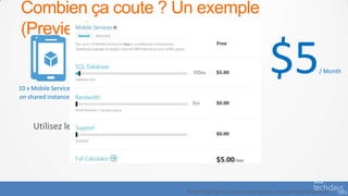 Combien ça coute ? Un exemple
(Preview)


10 x Mobile Services                          100MB SQL
                                                                               $5                    / Month


on shared instances                            Database



                       Pricing Calculator




                                            Note: Free Egress is per subscription, not per mobile service
 