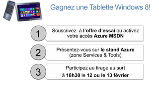 Souscrivez à l’offre d’essai ou activez
      votre accès Azure MSDN

  Présentez-vous sur le stand Azure
       (zone Services & Tools)

      Participez au tirage au sort
    à 18h30 le 12 ou le 13 février
 