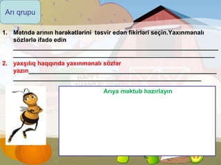 1. Mətndə arının hərəkətlərini təsvir edən fikirləri seçin.Yaxınmənalı
sözlərlə ifadə edin
____________________________________________________________
___________________________________________________________
2. yaxşılıq haqqında yaxınmənalı sözlər
yazın_______________________________________________________
_______________________________________________________
Arı qrupu
Arıya məktub hazırlayın
Ə.Rübail
 