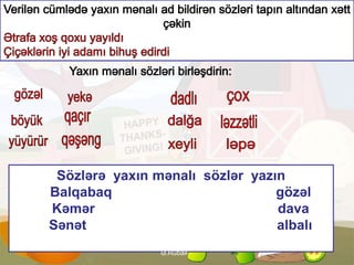 Sözlərə yaxın mənalı sözlər yazın
Balqabaq gözəl
Kəmər dava
Sənət albalı
Ə.Rübail
 