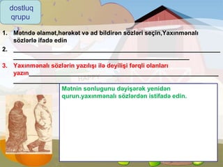 1. Mətndə əlamət,hərəkət və ad bildirən sözləri seçin,Yaxınmənalı
sözlərlə ifadə edin
2. ____________________________________________________________
___________________________________________________
3. Yaxınmənalı sözlərin yazılışı ilə deyilişi fərqli olanları
yazın_______________________________________________________
_______________________________________________________
dostluq
qrupu
Mətnin sonlugunu dəyişərək yenidən
qurun.yaxınmənalı sözlərdən istifadə edin.
Ə.Rübail
 