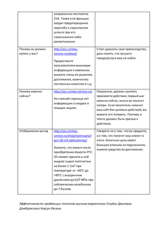заправочных пистолетах
ZVA. Также в её функции
входит предотвращение
перегиба и скручивания
шланга при его
наматывании либо
разматывании.
Почему он должен
купить у вас?
http://azs-crimea-
service.ru/about/
Предоставьте
пользователям максимум
информации о компании,
укажите этапы ее развития,
достижения, количество
постоянных клиентов и т.д.
Стоит доказать свое превосходство,
дать понять, что лучшего
товара/услуги ему не найти.
Почему именно
сейчас?
http://azs-crimea-service.ru/
На главной странице нет
информации о скидках и
текущих акциях.
Покупатель должен захотеть
произвести действие, первый шаг
именно сейчас, иначе он понесет
потери. Если посетитель покинет
ваш сайт без целевых действий, вы
можете его потерять. Поэтому в
тексте должен быть призыв к
действию.
Отображение выгод http://azs-crimea-
service.ru/shop/rezervuary/r
gsn-50-m3-odnostennyy/
Укажите, что клиент после
приобретения ёмкости РГС-
20 сможет хранить в ней
жидкое сырьё плотностью
не более 1 т/м³ при
температуре от –60°С до
+90°С с внутренним
давлением до 0,07 МПа при
сейсмических колебаниях
до 7 баллов.
Говорите не о том, что вы продаете,
а о том, что получит ваш клиент в
итоге. Конечная цель имеет
большее влияние на подсознание,
нежели средство ее достижения.
Эффективность продающих текстов оценила маркетолог Студии Дмитрия
Димбровского Корсун Оксана.
 
