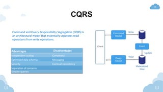 16
CQRS
Command and Query Responsibility Segregation (CQRS) is
an architectural model that essentially separates read
oper...