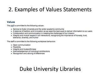 2. Examples of Values Statements




    Duke University Libraries
 